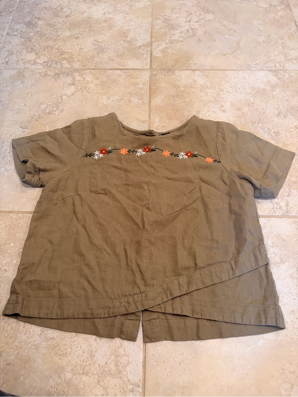 Linden Olive Green Short Sleeve Top with Floral Embroidery
